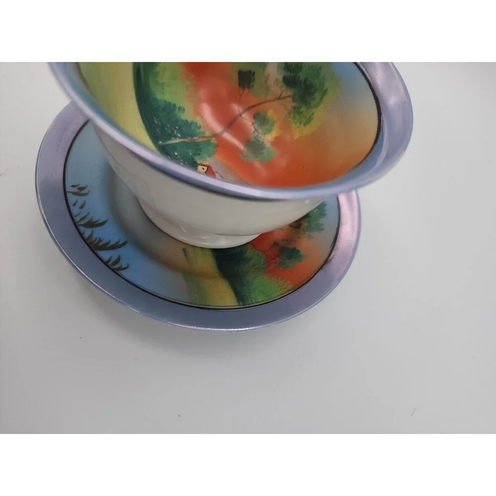 Japan Footed Rice Bowl & Plate Blue Luster Edge Hand Painted Sunset Water House